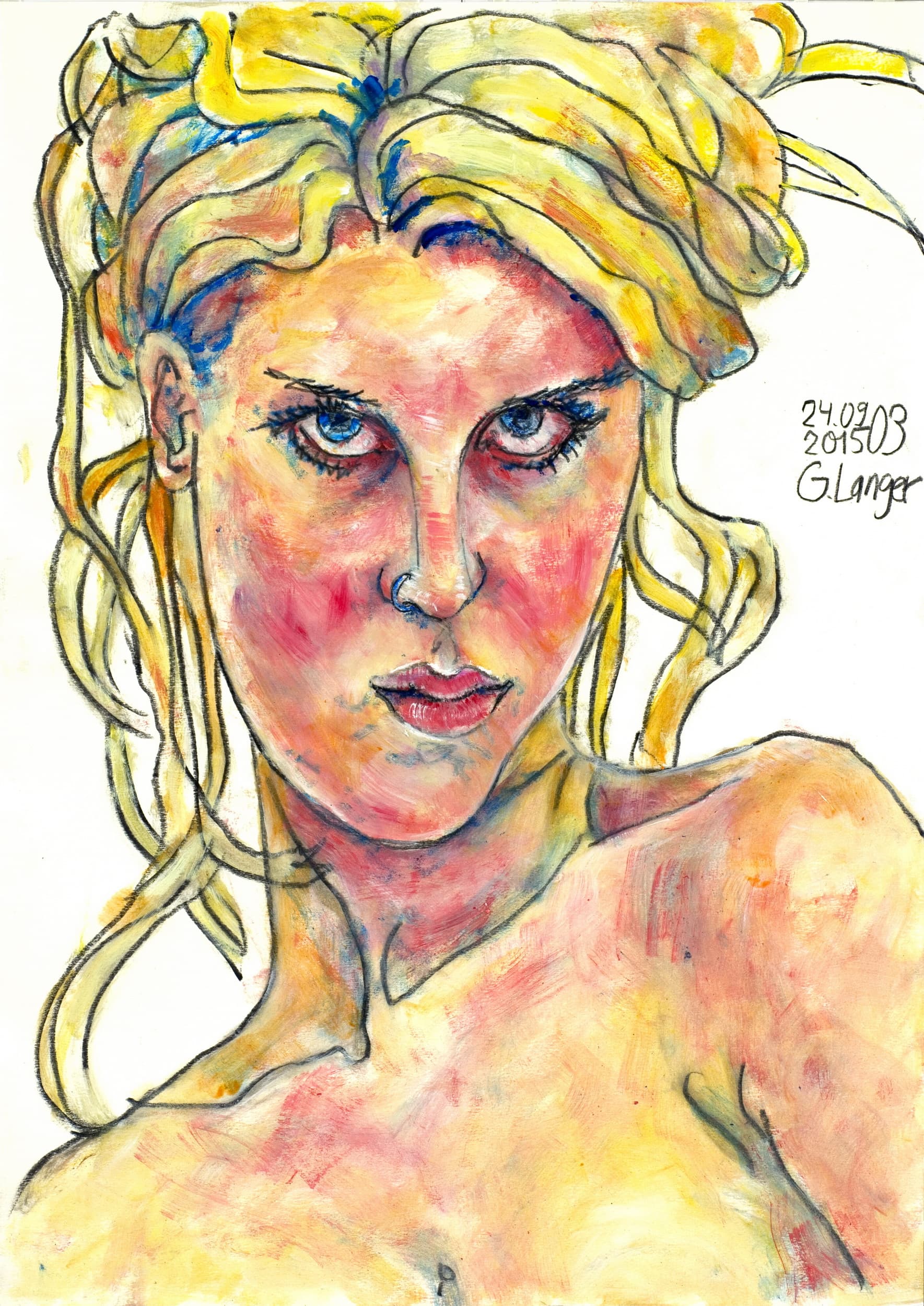 Gunter Langer, Portrait einer Frau mit langen blondem Haar, Blick, 2015, Acryl Malerei, Karton, 59 x 42 cm